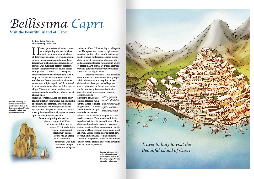 Travel journal magazine page, illustration