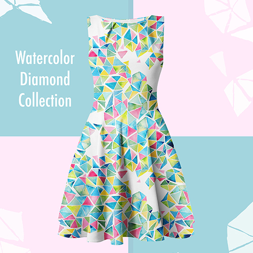 watercolor geometric pattern on dress, design by Olivia Linn